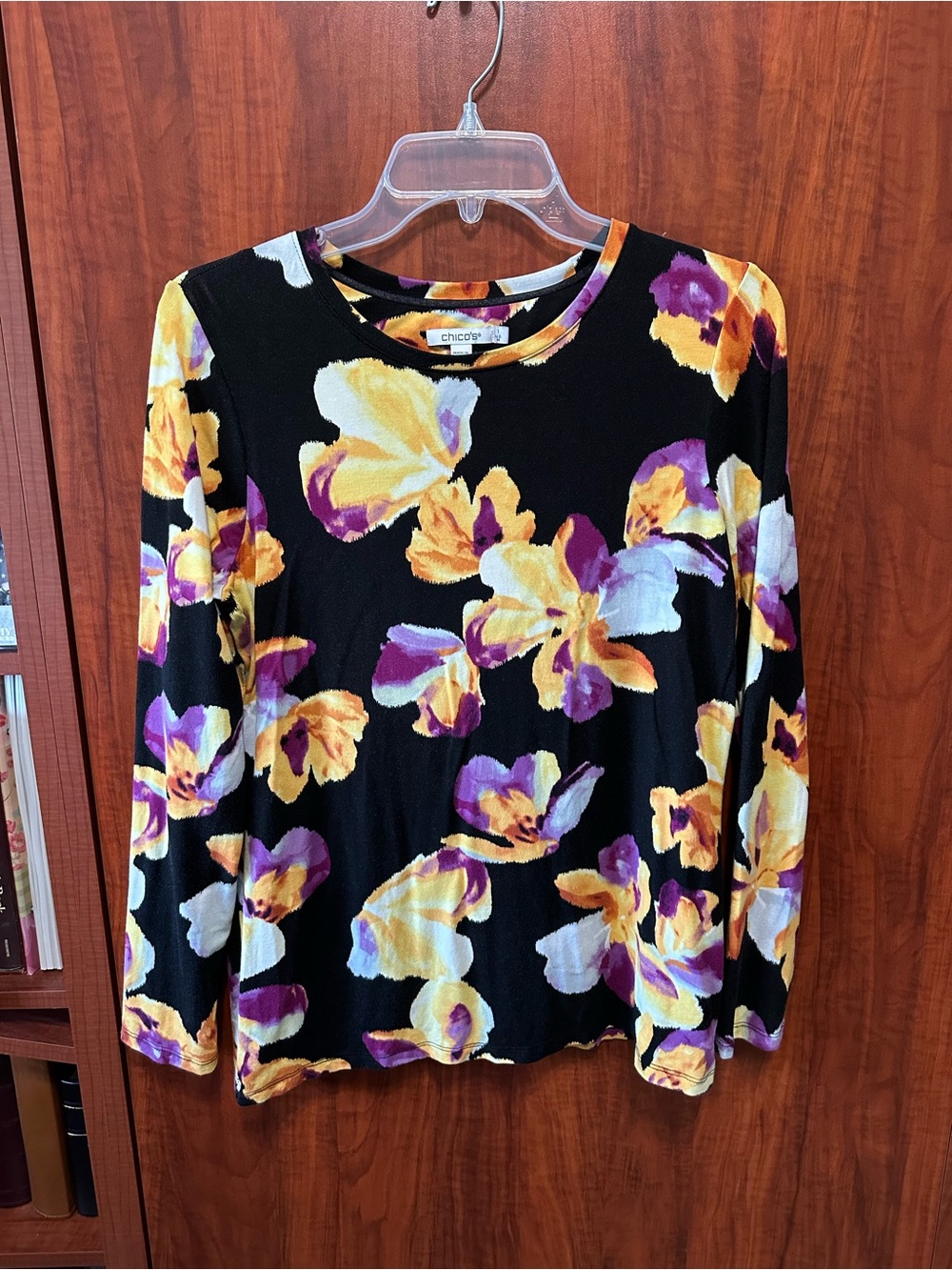 Chico's Black Floral Long-Sleeve Tee with Yellow & Purple Blooms Size 1